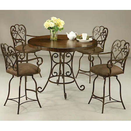 5 Piece Round Wood Top Table & 26" Counter Stool with Arms Set